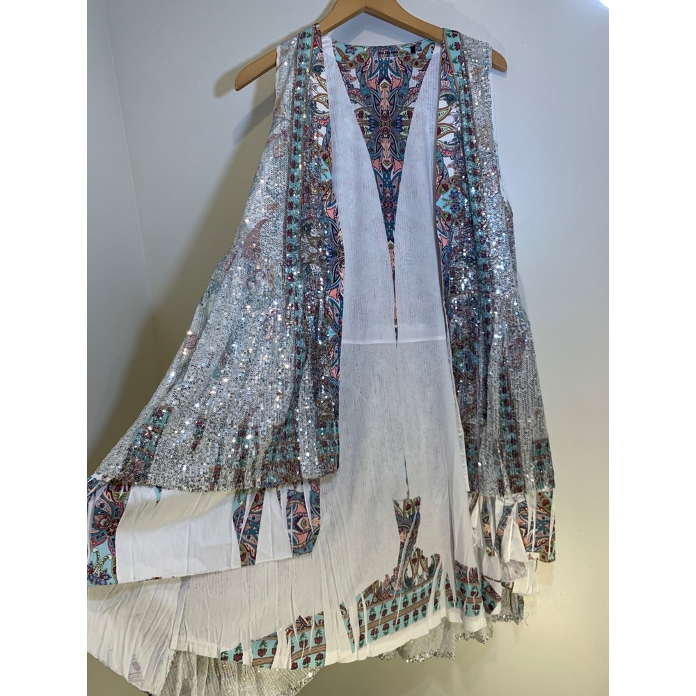 Origami Paisley Sequin Duster Vest L Festival Boho Glam art to wear - Picture 2 of 10